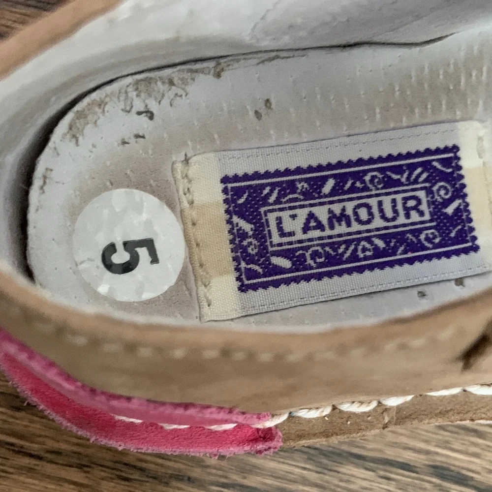 L’Amour Children's Tan Suede Mary Jane Shoes with Purple & Yellow Flowers